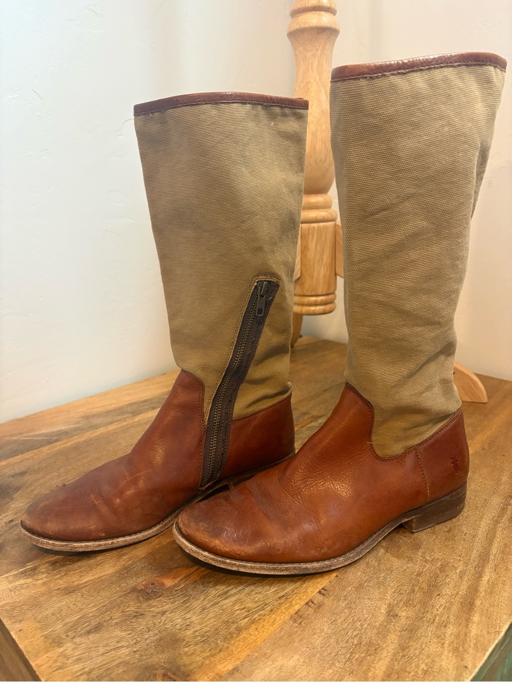 Frye Braided Canvas Brown Leather Tall Boots
